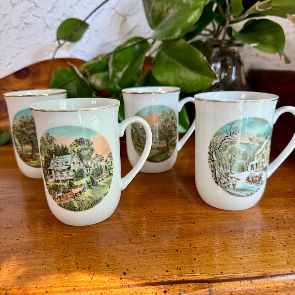 Vintage Currier & Ives Four Seasons Mugs Set 4 Coffee Cups Gold Trim